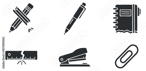 A collection of black and white minimalist vector icons featuring stationery items like pencils, pens, a notebook, a ruler, a stapler, and a paperclip, ideal for educational and office themes