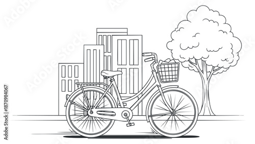 A bicycle parked near tall buildings and a tree in an outline minimalist vector style, ideal for urban lifestyle themes