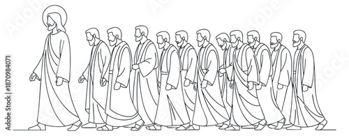A line art illustration of Jesus walking with his disciples in minimalist vector style, suitable for religious and spiritual projects