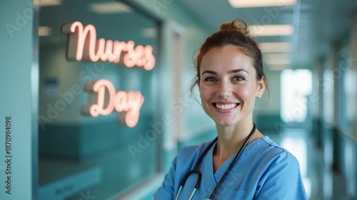 Smiling Nurse Celebrating International Nurses Day in Hospital Corridor
