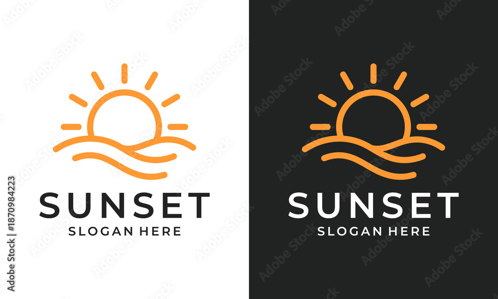 Fototapeta premium Simple sunrise logo design template illustration. Abstract sun with beach wave minimalist style design vector icon symbol