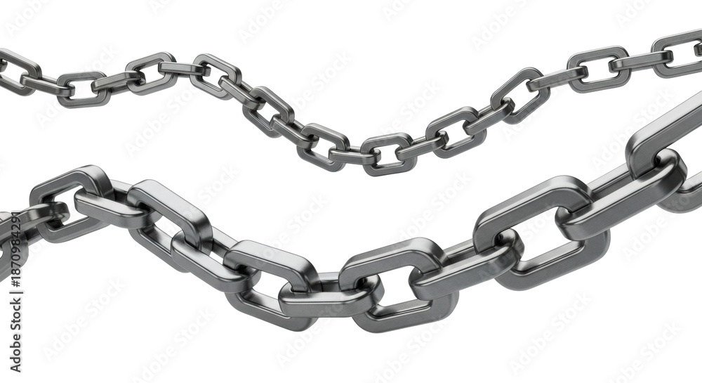 Obraz premium close-up of two floating sections of square chrome industrial chain with perfect specular highlights, against transparent background, concept of engineered elegance and boundaries