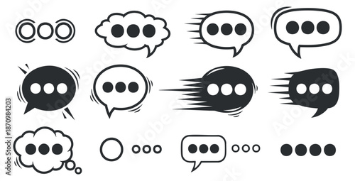 A collection of speech bubbles and chat icons in black and white vector style, perfect for digital communication designs