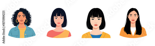 Diverse female portraits: african and asian women of different ages in cartoon style