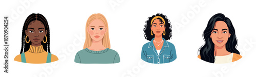 Diverse young females: portraits of african, caucasian, hispanic women with varied hairstyles