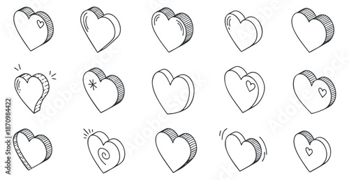 A collection of heart icons in various styles and expressions in outline vector design, perfect for love-themed projects