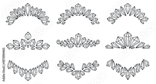 A collection of ornamental geometric designs featuring leaves and jewels in black outline vector style, perfect for decorative projects and invitations