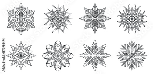 A collection of eight unique ornate snowflakes in geometric outline vector style, ideal for winter-themed designs and holiday decorations