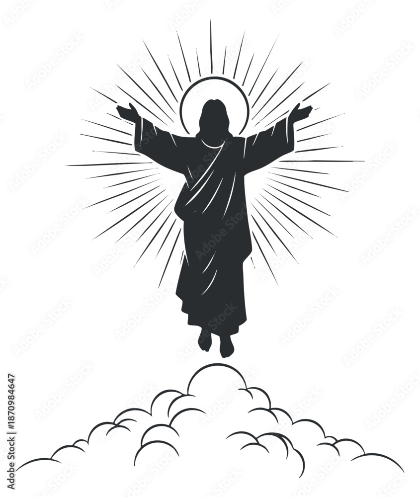 Fototapeta premium A silhouette of Jesus Christ with outstretched arms and radiant light in minimalist black and white vector style, ideal for religious themes