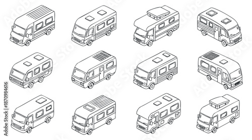 A collection of camper vans and motorhomes in minimalist black and white vector style, suitable for travel-related designs