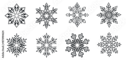 A collection of eight unique snowflake designs in black and white outline vector style, ideal for winter-themed graphics and holiday decorations