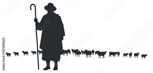 A silhouette of a shepherd with a staff leading a flock of sheep in minimalist vector style, suitable for agricultural themes and rural designs