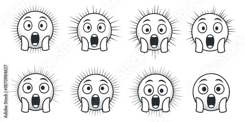A set of eight shocked and surprised facial expressions in black and white outline vector style, ideal for graphic design projects