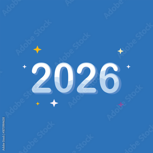 A flat illustration of the year 2026 in a minimalist style with subtle sparkles, perfect for modern New Year greeting designs.