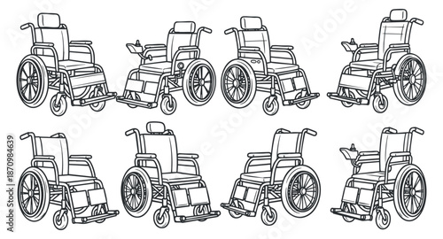 A collection of eight wheelchair designs in black and white outline vector style, suitable for healthcare and accessibility projects
