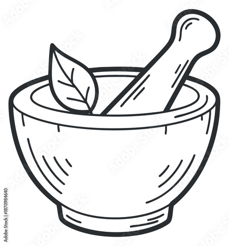 A mortar and pestle with a leaf in black and white outline vector style, perfect for herbal and culinary designs