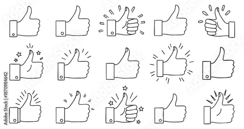 A collection of thumbs up hand gestures in minimalist outline vector style, perfect for social media and communication designs