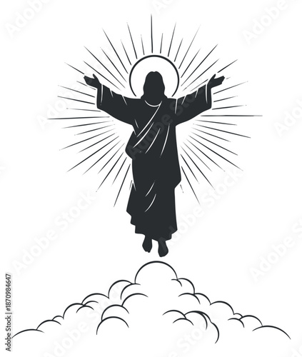 A silhouette of Jesus Christ with outstretched arms and radiant light in minimalist black and white vector style, ideal for religious themes