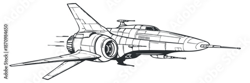 A detailed outline illustration of a futuristic jet fighter in black and white vector style, suitable for aerospace design and technology projects