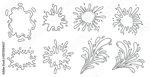 A collection of splash and liquid elements in black outline vector style, perfect for creative designs and artistic projects