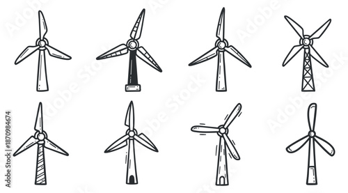 A collection of various wind turbines in sketchy outline vector style, suitable for renewable energy projects and environmental designs