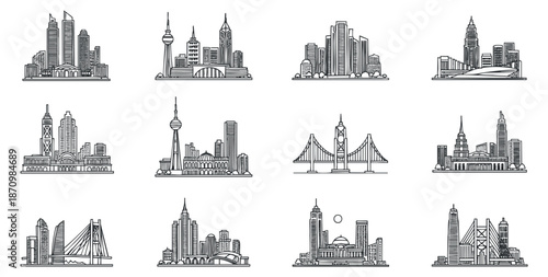 A collection of city skylines featuring famous landmarks in clean outline vector style, ideal for travel and urban design projects