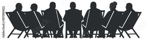 A silhouette of a business meeting with professionals seated in chairs in minimalist vector style, ideal for corporate presentations