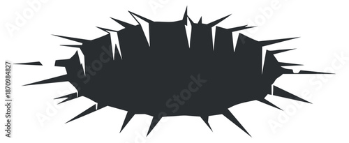 A stylized crack or hole in a surface depicted in a bold black vector style, ideal for graphic design projects and creative concepts