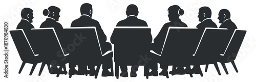 A group of business professionals in silhouette engaged in a meeting, featuring a minimalist vector style, ideal for corporate presentations and team discussions