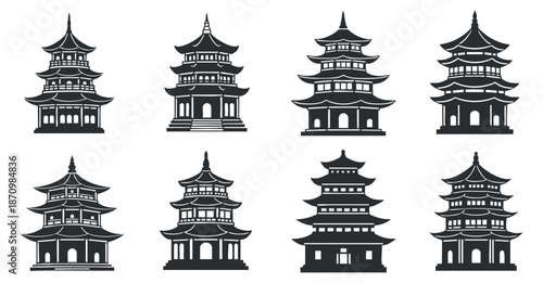 A collection of nine black and white vector pagoda illustrations, showcasing various architectural styles, ideal for cultural and design projects