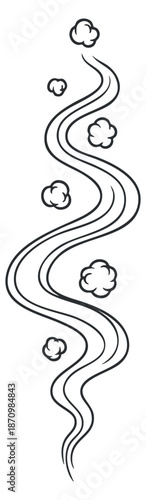 A swirling line art illustration of steam and smoke in black and white minimalist vector style, suitable for kitchen and cooking designs