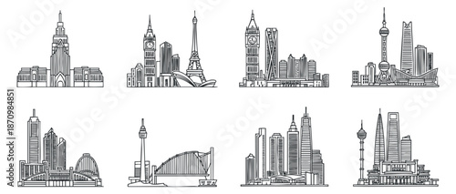 A collection of iconic city skylines featuring famous landmarks in monochrome outline vector style, perfect for travel and architecture projects