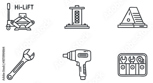 A set of various tools including a jack, wrench, drill, level, and tool organizer in outline vector style, ideal for construction and repair projects