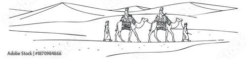 A line art illustration of people traveling with camels across a vast desert landscape, ideal for adventure themes and travel projects