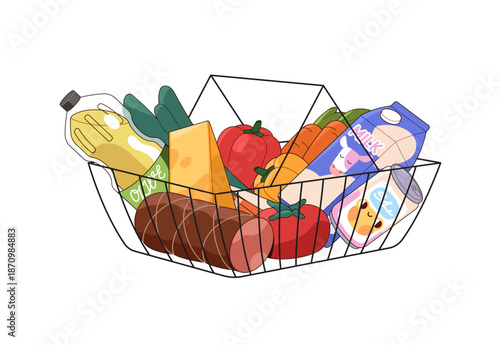 Basket is full of supermarket goods, products. Shopping cart with different food, vegetables, milk. Grocery store bag with foodstuff, eating. Flat isolated vector illustration on white background.