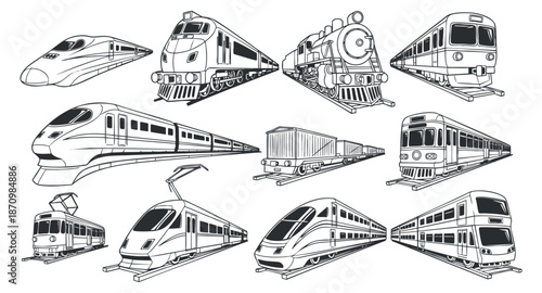 A collection of various train illustrations including high-speed, steam, and commuter trains in outline vector style, suitable for transportation-themed projects