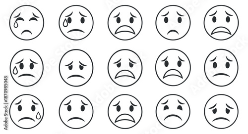 A collection of sad face icons in black and white minimalist vector style, suitable for emotional design projects