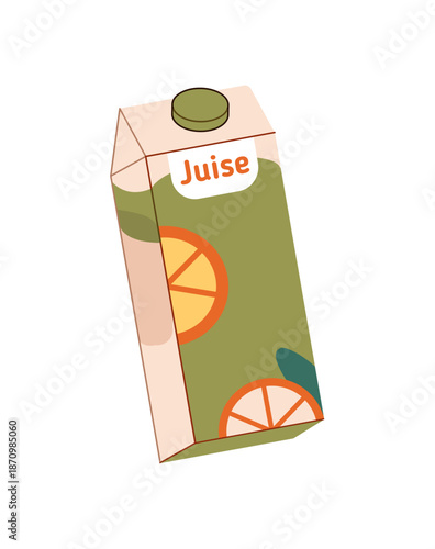 Cardboard pack of orange juice. Closed paper bottle of beverage from citrus fruit. Packaging of organic soft drink. Box of refreshing product. Flat isolated vector illustration on white background.