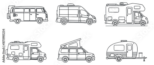 A collection of various camper vans and recreational vehicles in minimalist outline vector style, ideal for travel and adventure themes