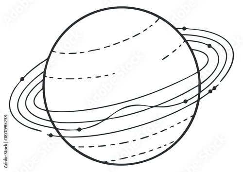 A minimalist outline illustration of a planet with rings in black and white vector style, suitable for educational and astronomical projects