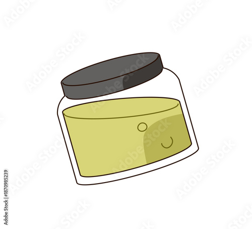 Glass jar of green spicy sauce. Closed container with pesto. Grocery product, organic food. Package of jalapeno pepper, tasty salsa, chilli. Flat isolated vector illustration on white background.