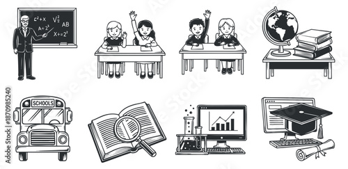 A collection of educational icons including a teacher, students in a classroom, school bus, and graduation elements in black and white vector style, ideal for educational materials and branding