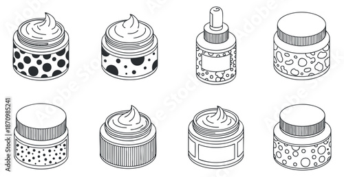 A collection of cosmetic jars and bottles in outline vector style with dotted patterns, suitable for beauty product branding