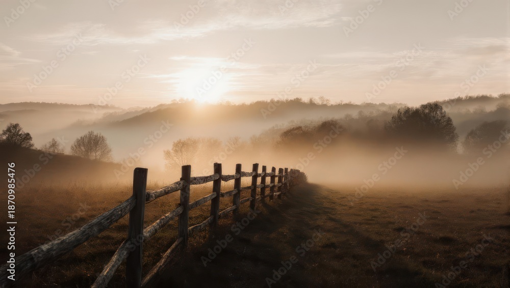Obraz premium Misty Sunrise Over Rural Landscape with Wooden Fence.