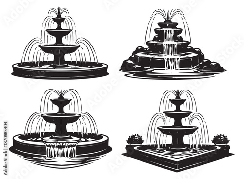 Hand drawn line art fountain set featuring different tiered water fountains for garden and architectural design