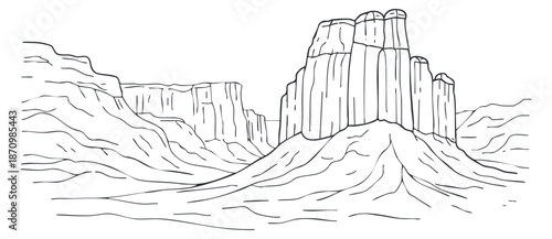 A detailed line art illustration of rugged mountains and rock formations in a minimalist vector style, perfect for outdoor adventure themes