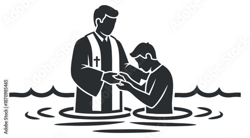 A baptism scene depicting a priest performing the ceremony in a minimalist black and white vector style, suitable for religious or spiritual themes