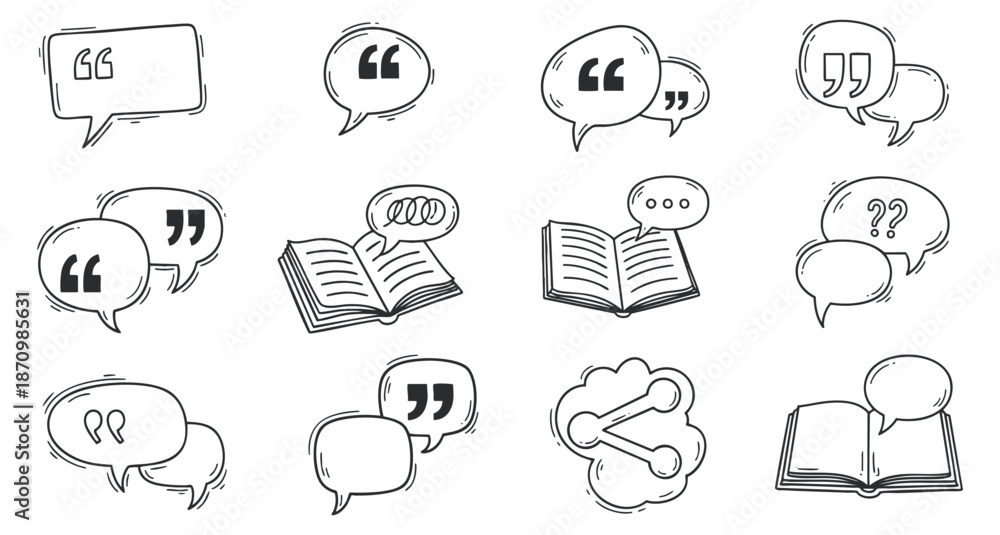 Fototapeta premium A collection of speech bubbles, quotes, and books in a minimalist outline vector style, ideal for communication-themed designs