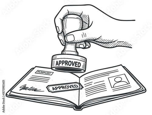 A hand holding a stamp marking an approved passport in black and white outline vector style, suitable for travel and business applications