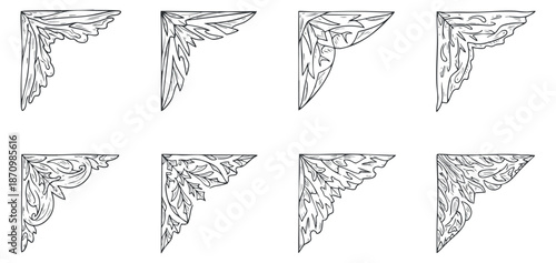 A collection of eight decorative corner elements in intricate line art style, suitable for creative design projects and elegant layouts